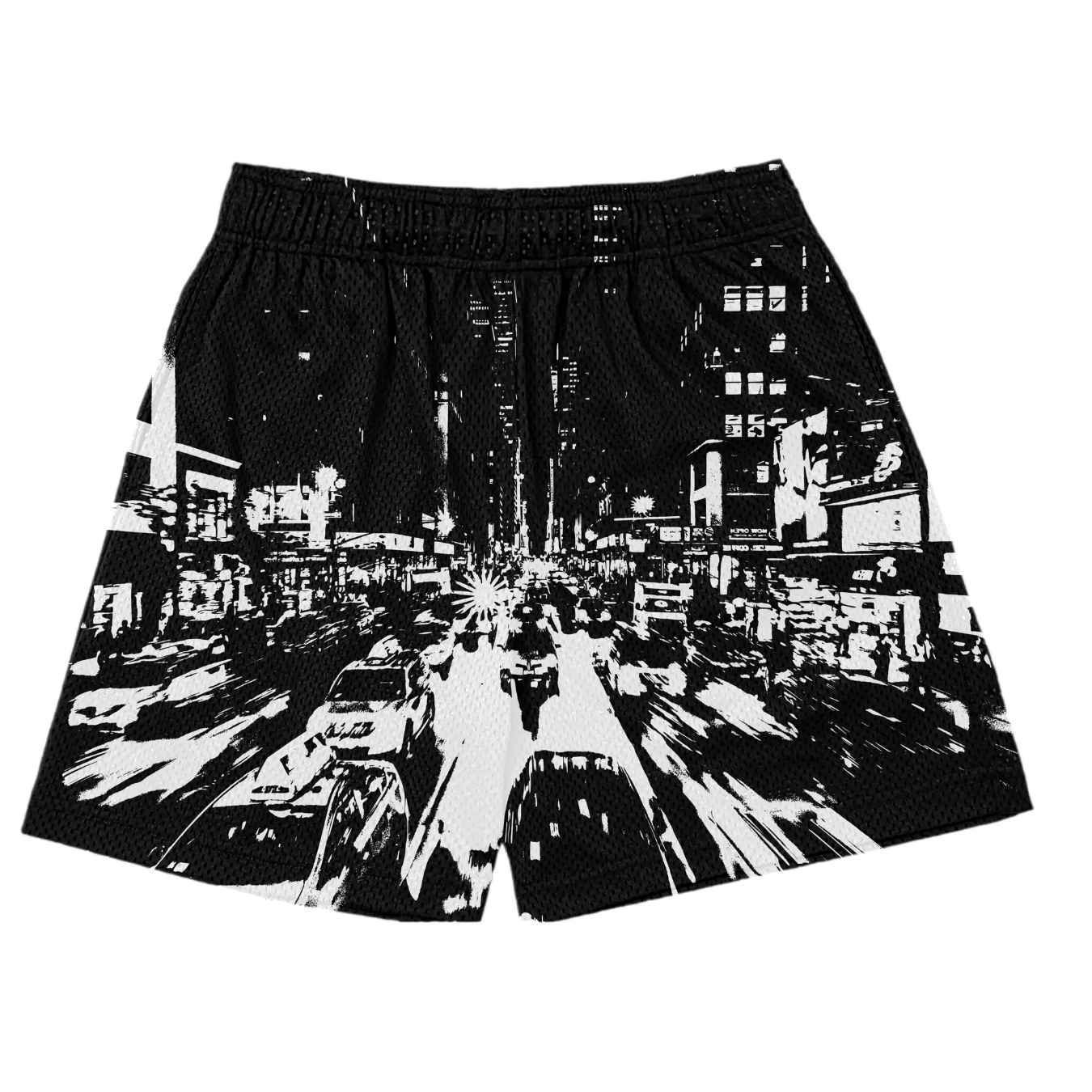 black white city mesh shorts