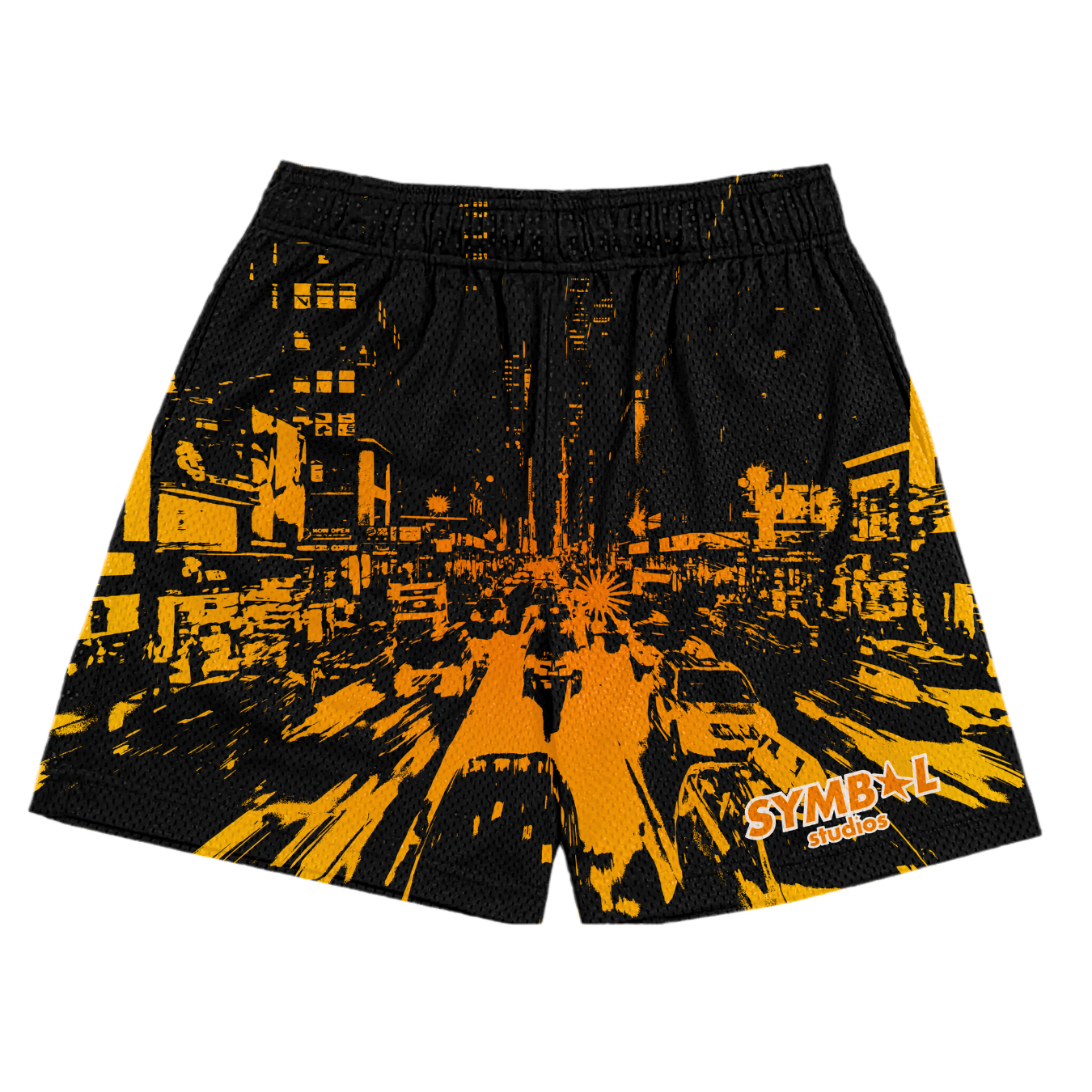 yellow black city mesh shorts