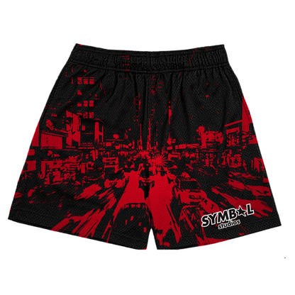 red black city mesh shorts