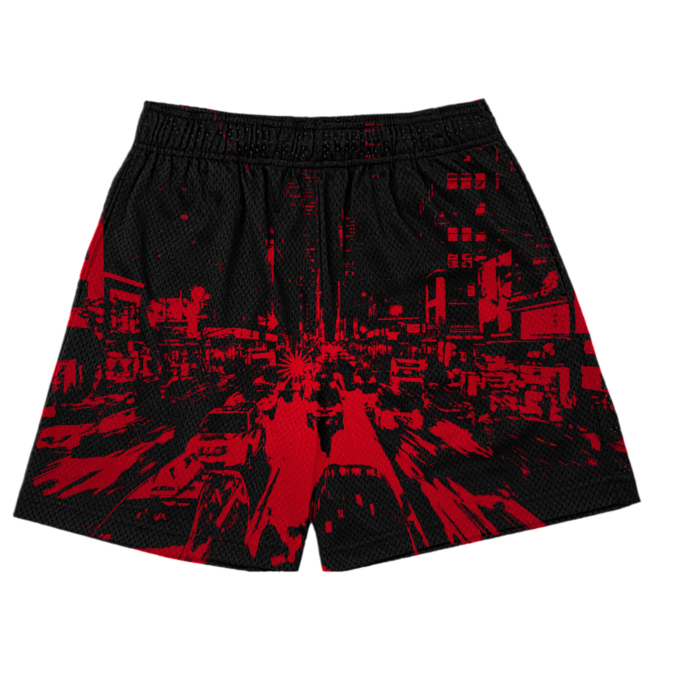 red black city mesh shorts