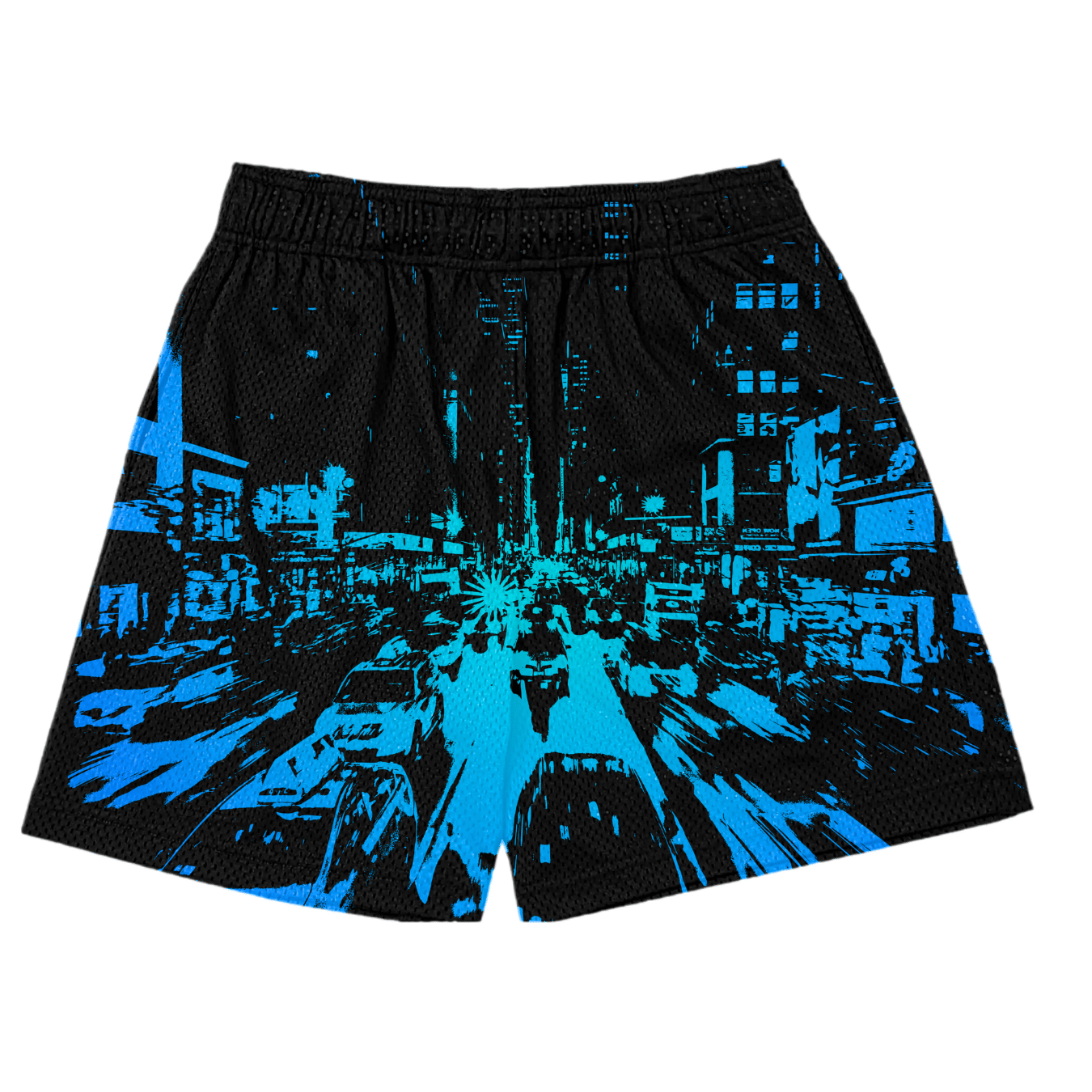 blue black city mesh shorts