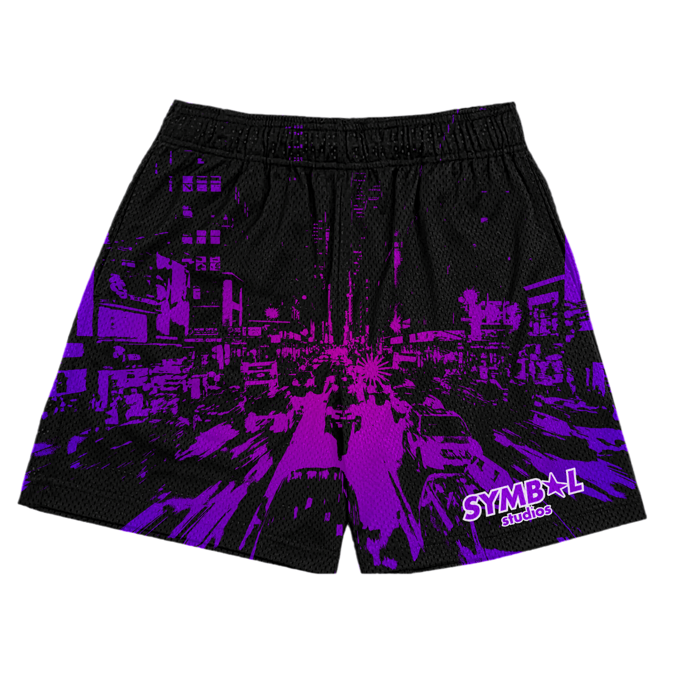 purple black city mesh shorts