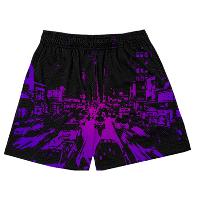 purple black city mesh shorts