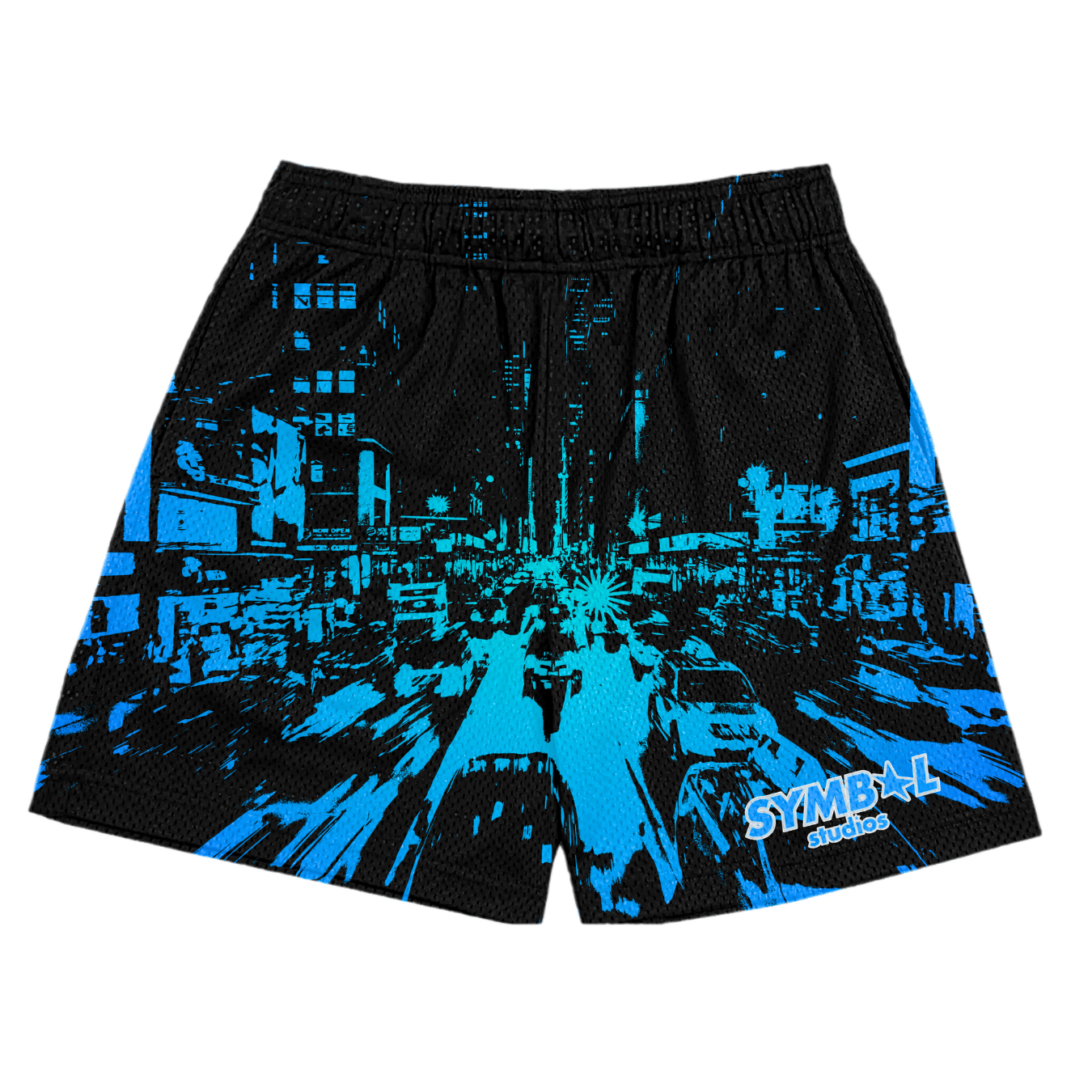 blue black city mesh shorts