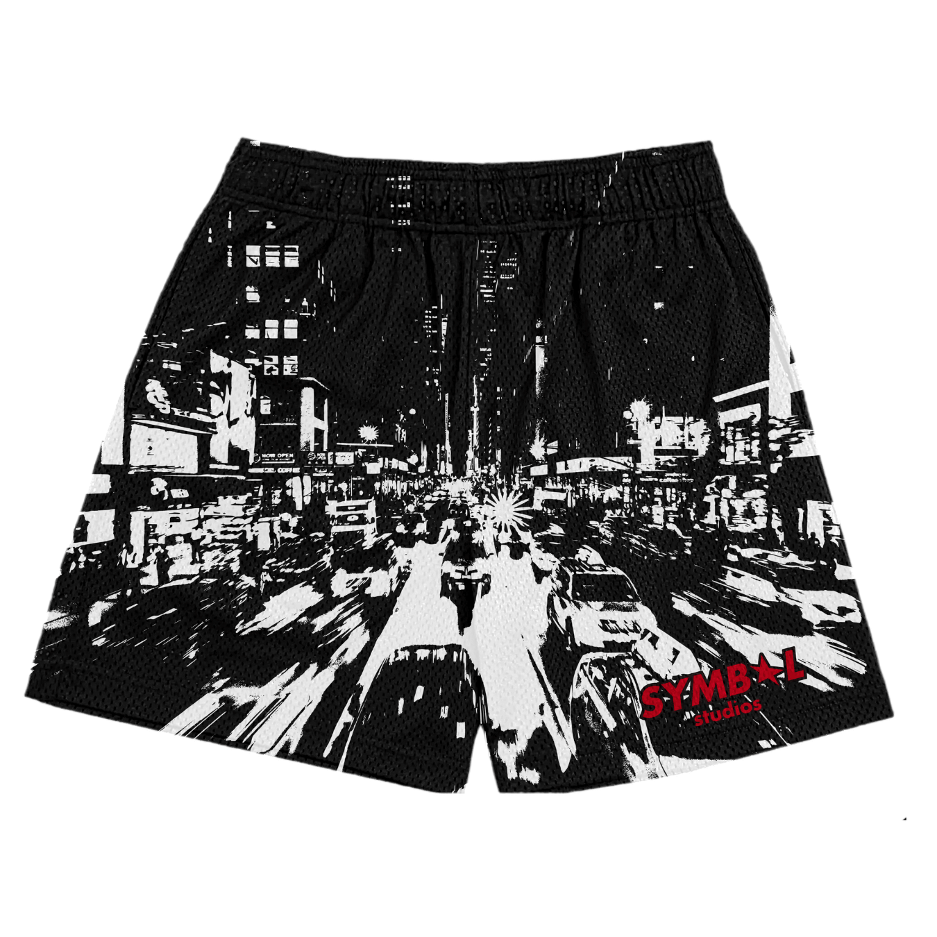 black white city mesh shorts