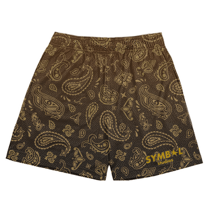 "MOCHA" FADED PAISLEY MESH SHORTS